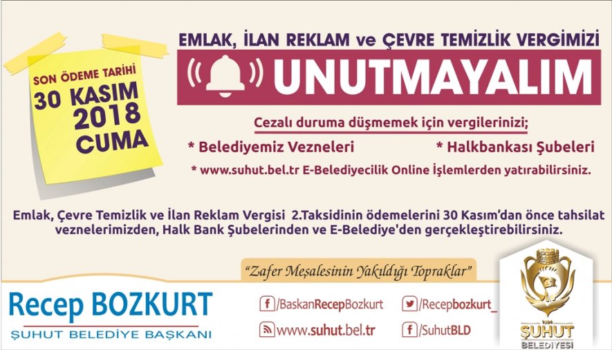 EMLAK, ÇEVRE TEMİZLİK,İLAN REKLAM VERGİSİNDE SON GÜN 30 KASIM