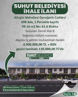 BELEDİYEMİZE AİT 3 TAŞINMAZ İHALE YOLUYLA SATIŞA SUNULUYOR