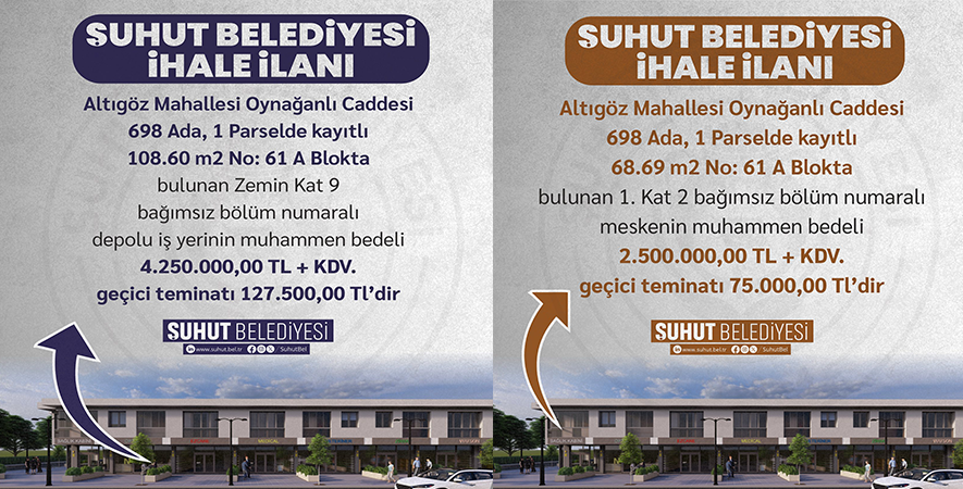 BELEDİYEMİZE AİT 3 TAŞINMAZ İHALE YOLUYLA SATIŞA SUNULUYOR